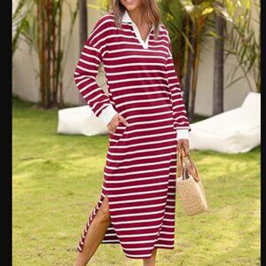 Women's Striped Long Sleeve V-Neck Collared Casual Maxi Dress XL NWT, Preppy